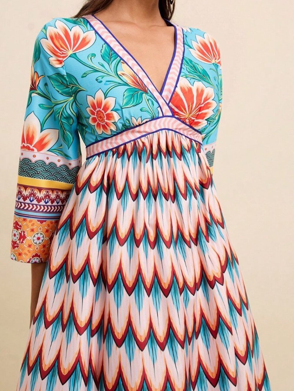 Multicolor Boho Women's Tropical Floral V-Neck Long Dress - Picture 5 of 8